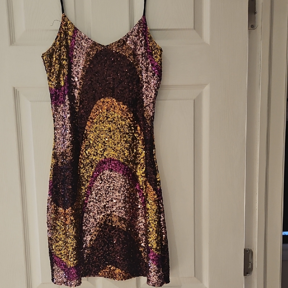 Stradivarius Sparkly Mini Dress in Gold Purple Brown